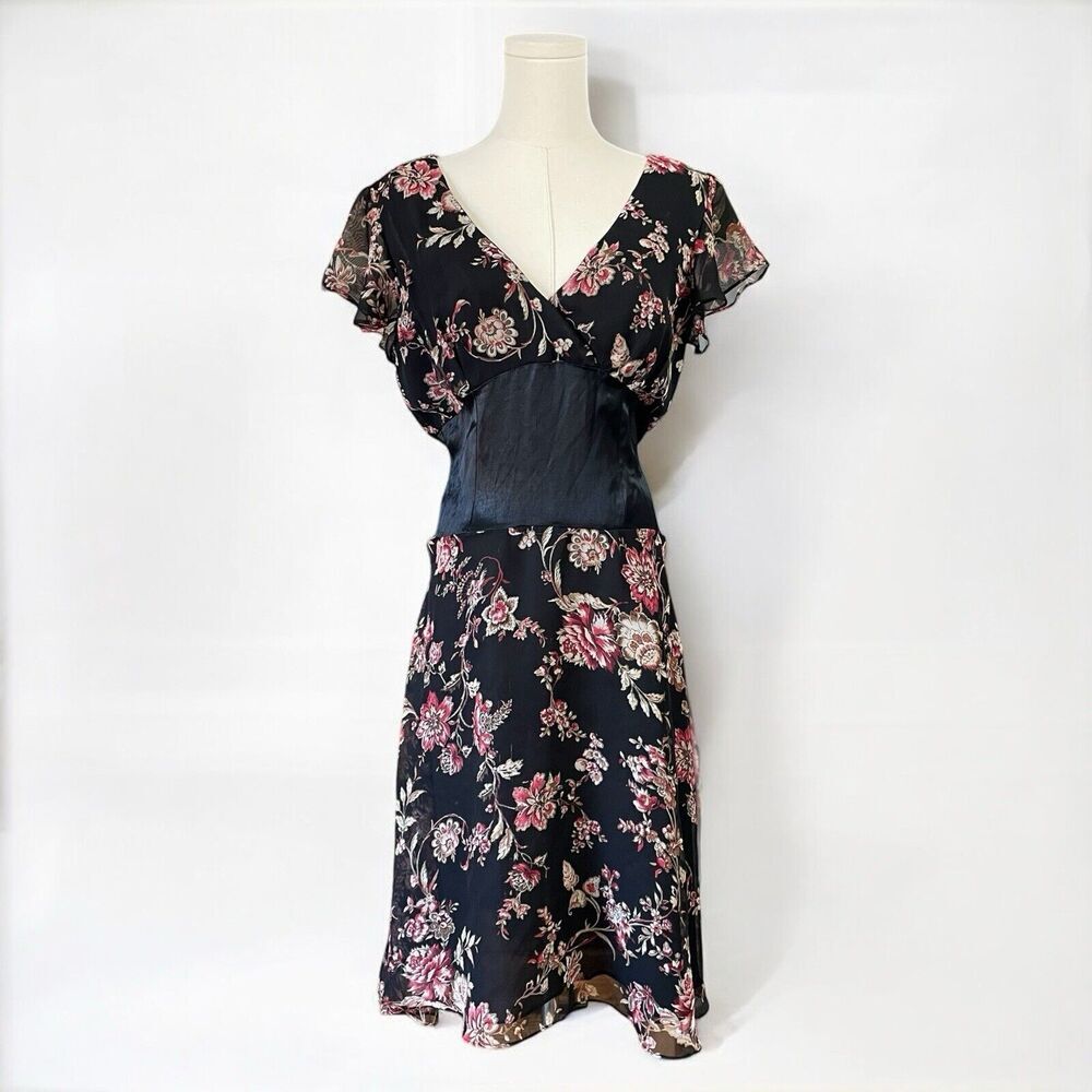 Shana Babydoll Sheer Lined Midi‎ Dress 8 Black Dark Floral Whimsigoth Romantic